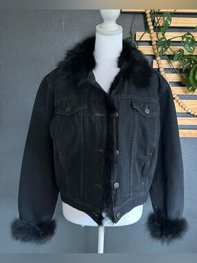 Vintage SPI 25 Black Denim Jacket w/ Real Fox Fur Trim – Size Medium